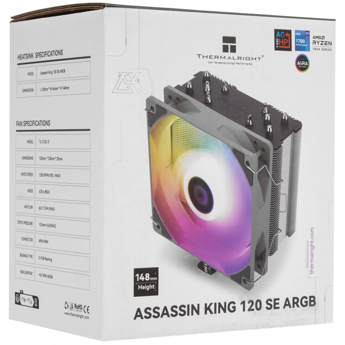 Кулер Thermalright Assassin King 120 SE ARGB (120 мм, алюминий+медь, ARGB-подсветка, LGA 1851/1700/1200/115x/AM5/AM4, TDP до 180 Вт, серебристый